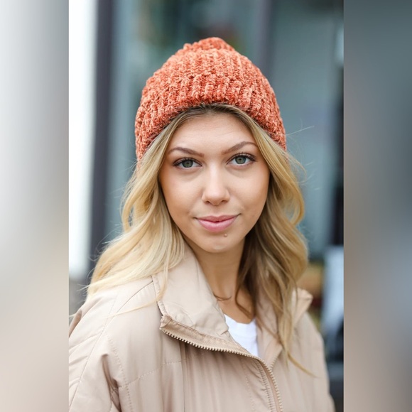 Rust Knit Velvet Chenille Fold Over Beanie - Picture 9 of 10